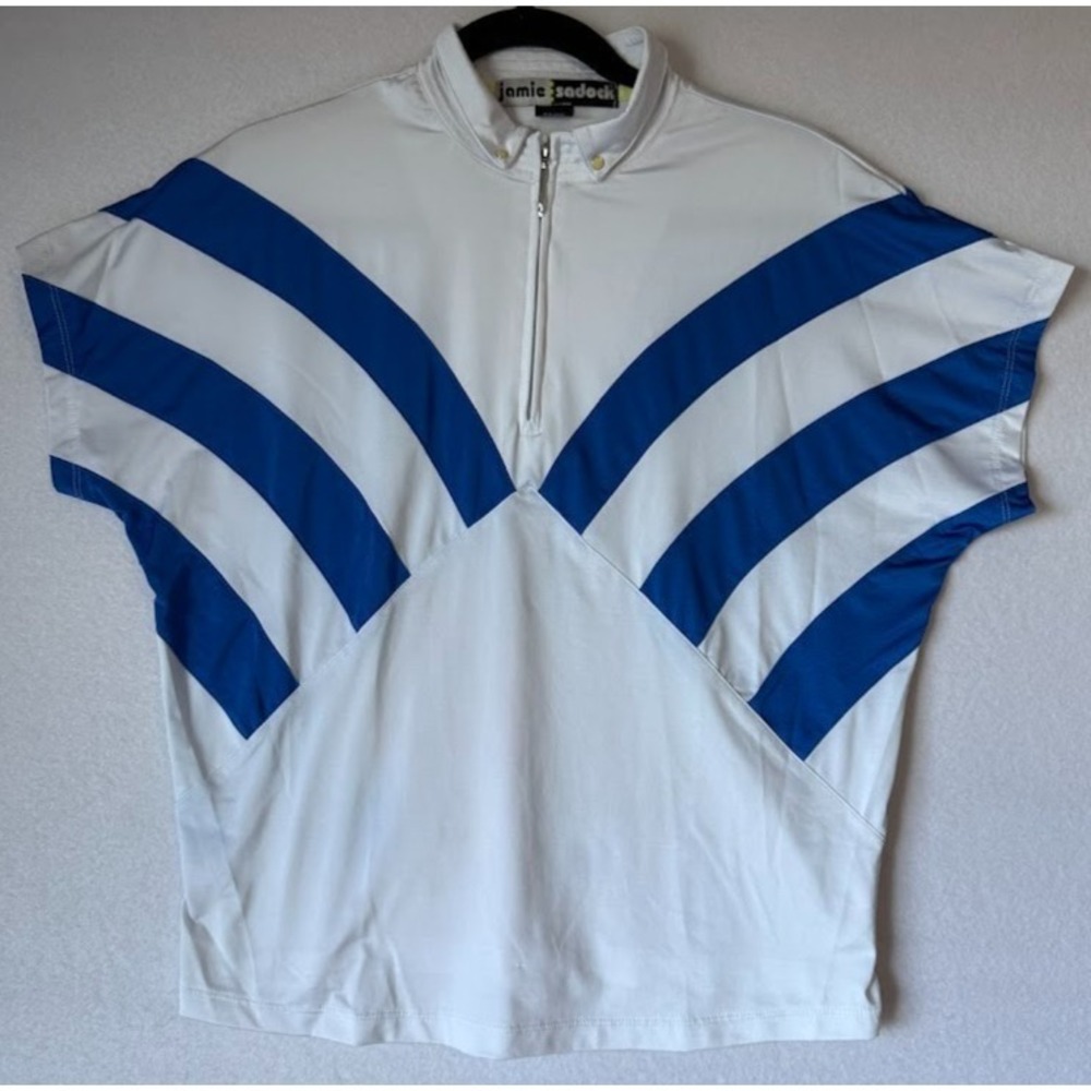 Jamie Sadock Golf Polo Women Medium White Blue Striped Quarter Zip Stretch Top